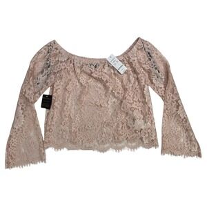 NWT Bebe Jazzy Off Shoulder Lace Top XS Pink Floral Bell Sleeve Blouse Coquette